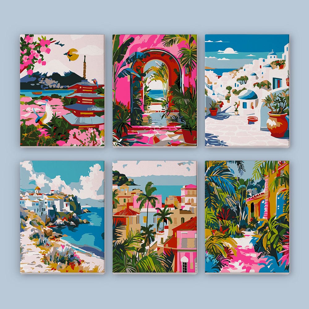 6 Mini Paintings – Vivid Escape Destinations Set (5.9” x 7.9” / 15 x 20 cm)
