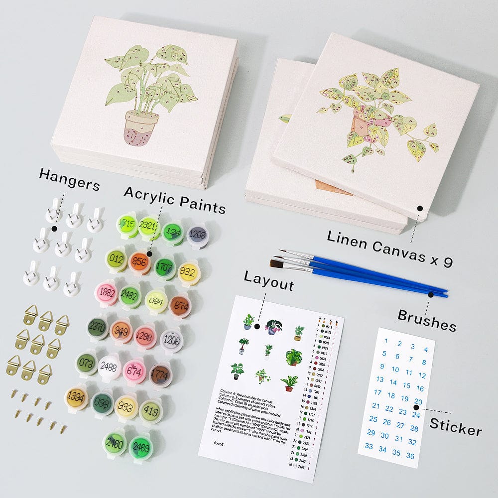 9 Mini Paintings – Indoor Plants Set (5.9“ x 5.9" / 15 x 15 cm)