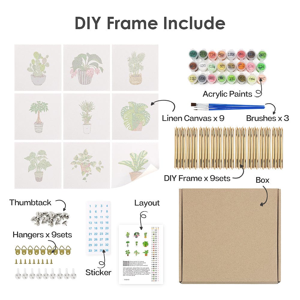 9 Mini Paintings – Indoor Plants Set (5.9“ x 5.9" / 15 x 15 cm)