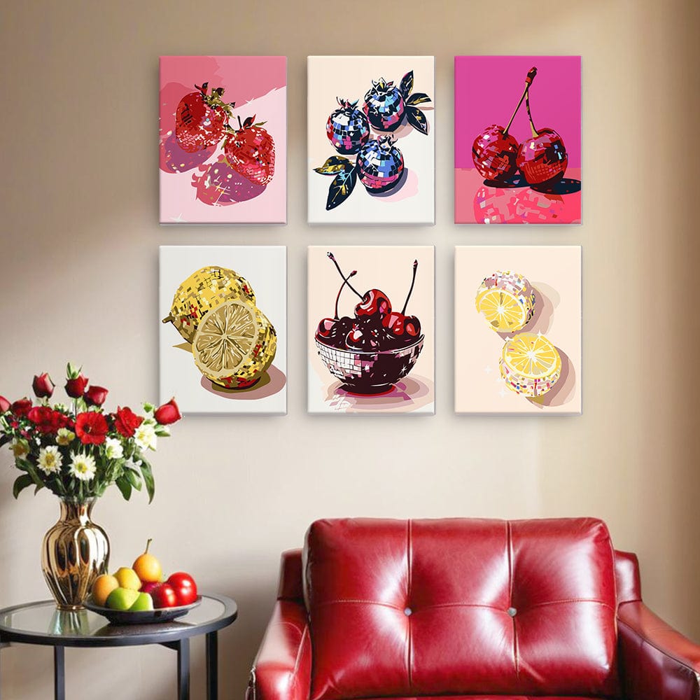 6 Mini Paintings – Disco Fruits Pop Art Set (5.9” x 7.9” / 15 x 20 cm)