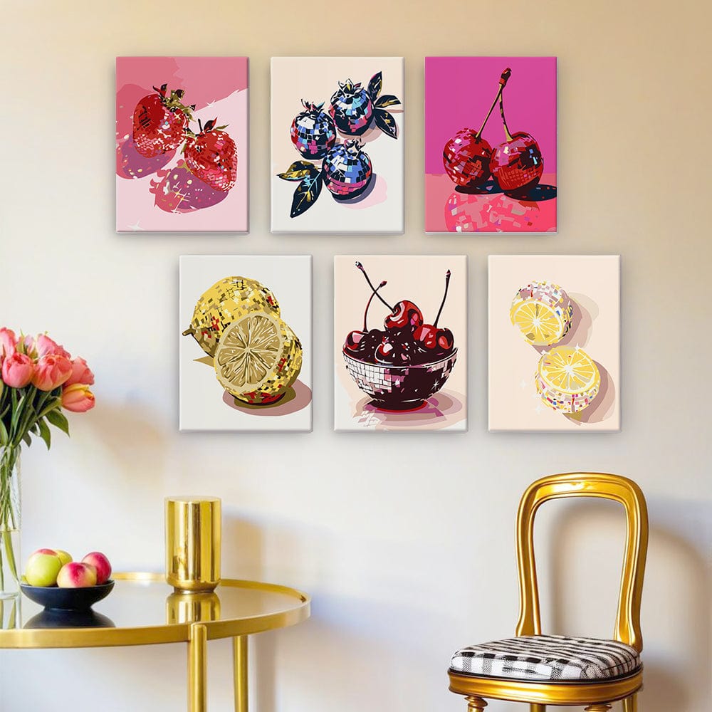 6 Mini Paintings – Disco Fruits Pop Art Set (5.9” x 7.9” / 15 x 20 cm)