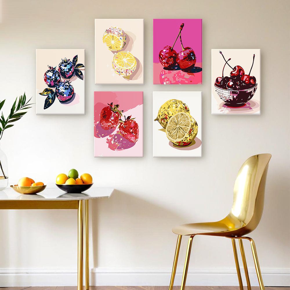 6 Mini Paintings – Disco Fruits Pop Art Set (5.9” x 7.9” / 15 x 20 cm)
