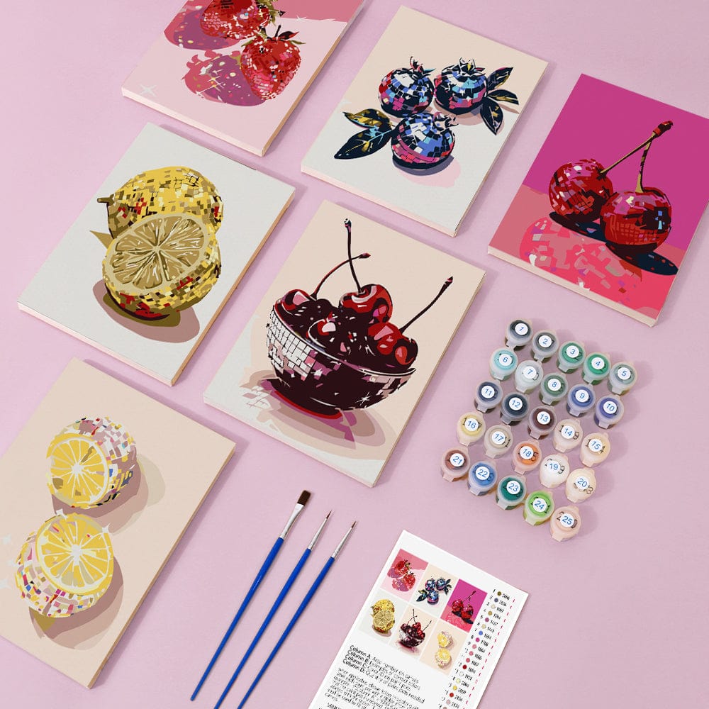 6 Mini Paintings – Disco Fruits Pop Art Set (5.9” x 7.9” / 15 x 20 cm)
