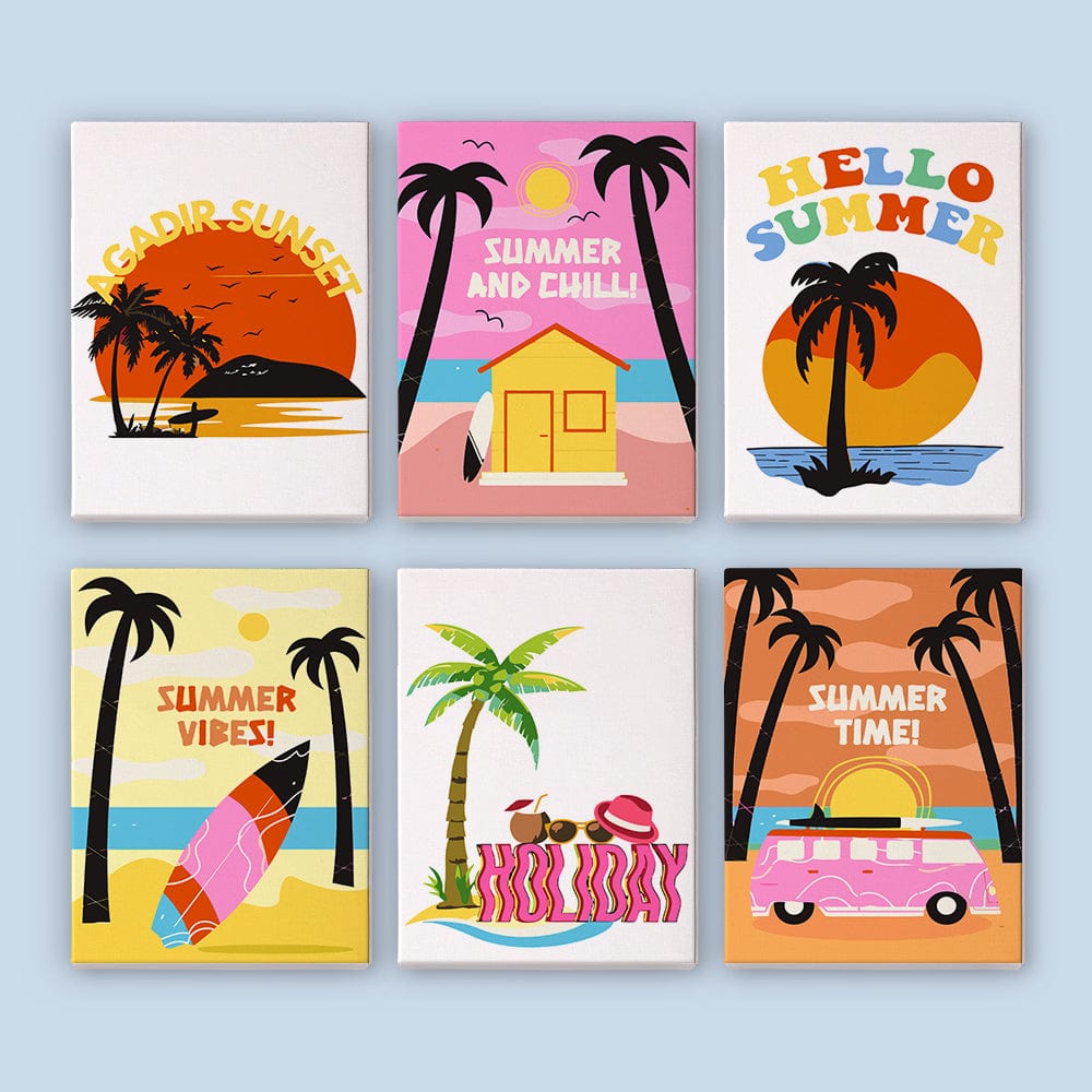 6 Mini Paintings – Retro Summer Vibes Set (5.9” x 7.9” / 15 x 20 cm)