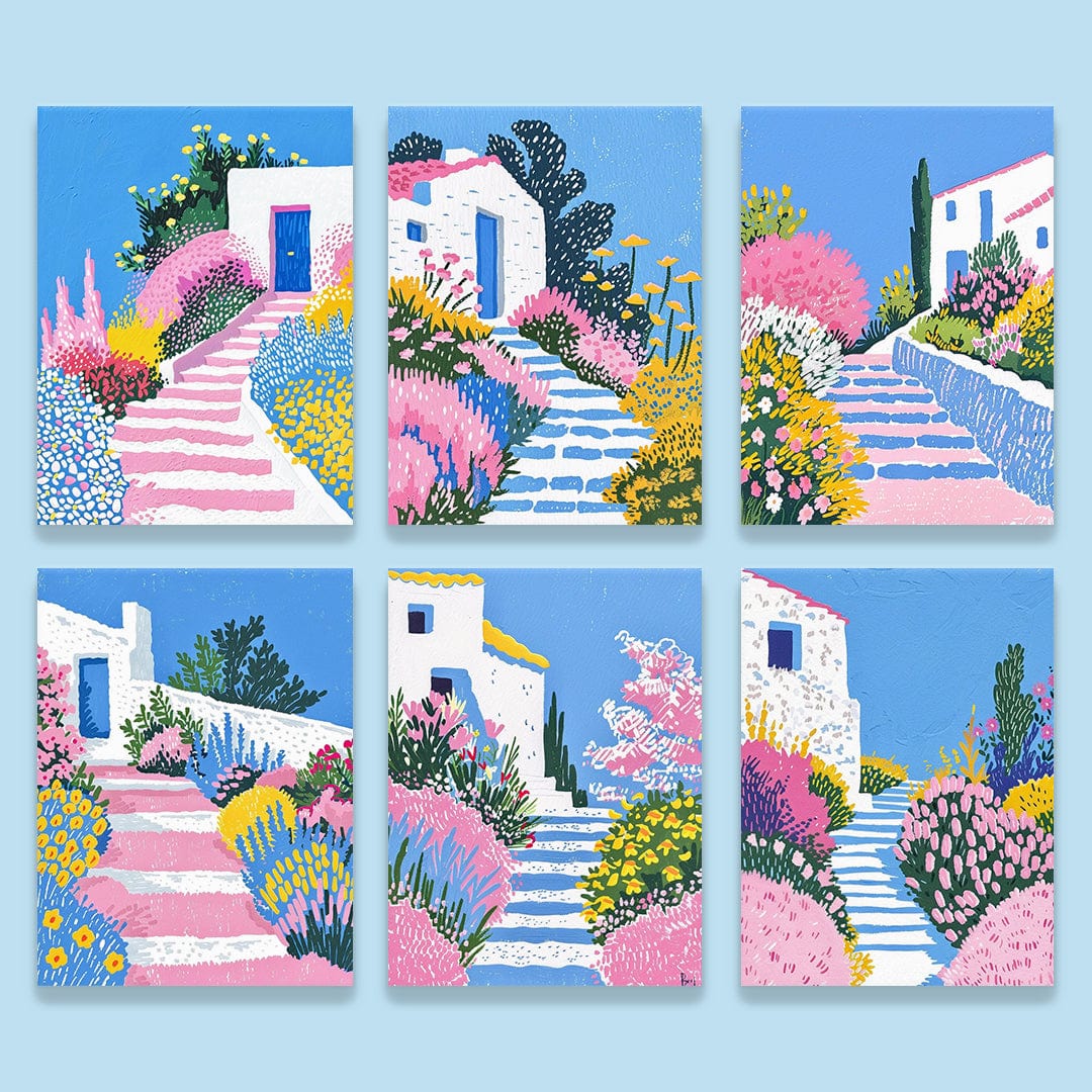 6 Mini Paintings – Mediterranean Garden Path Set (5.9” x 7.9” / 15 x 20 cm)