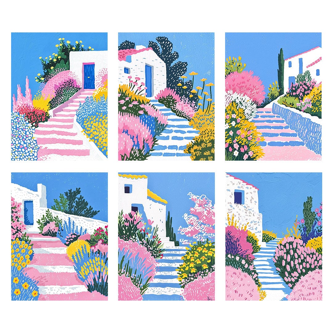 6 Mini Paintings – Mediterranean Garden Path Set (5.9” x 7.9” / 15 x 20 cm)