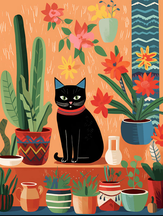 Paint by Numbers Kit in illustration style-'Night's Guardian' | Dive into the world of whimsy, where every number reveals a purrfect story. 🎨