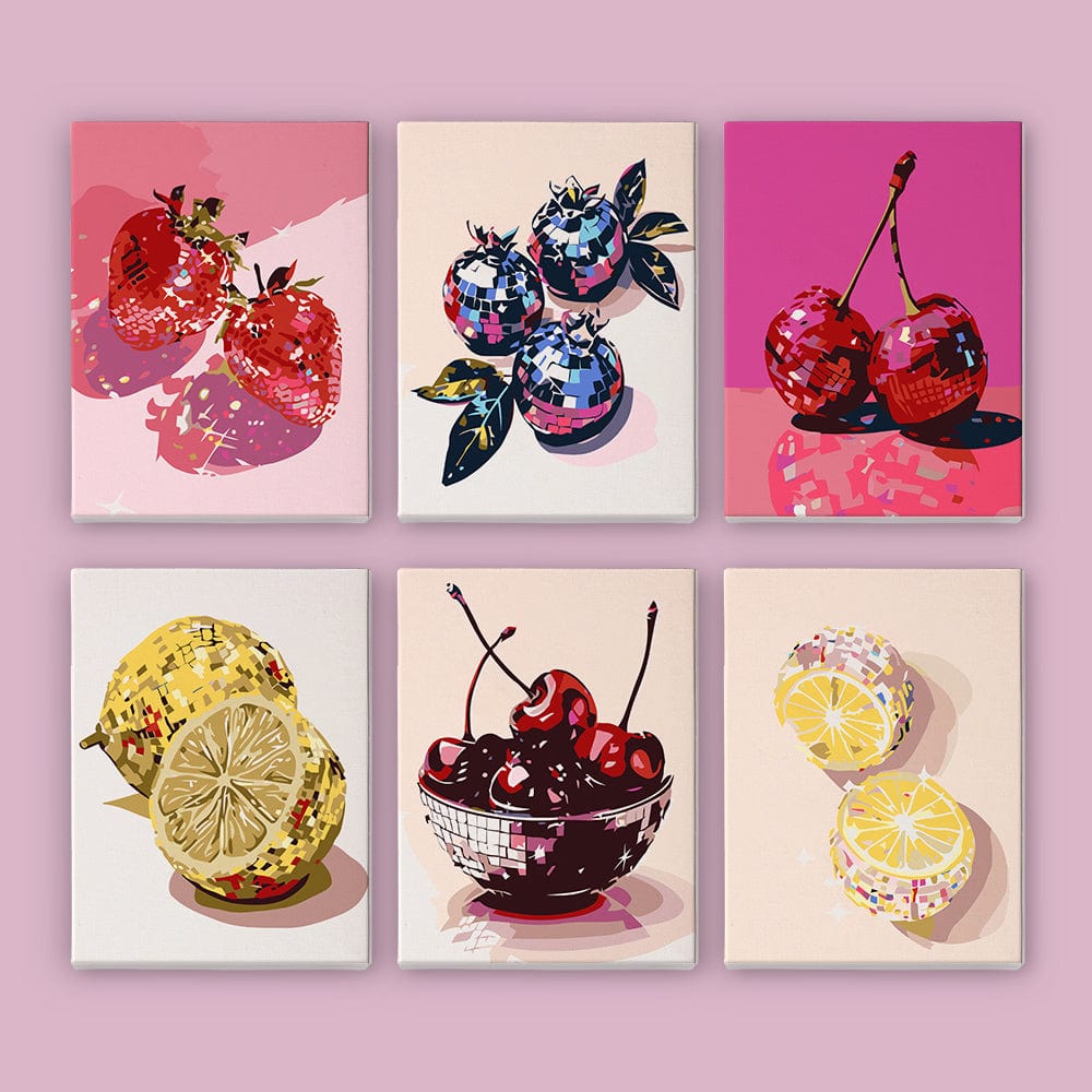 6 Mini Paintings – Disco Fruits Pop Art Set (5.9” x 7.9” / 15 x 20 cm)