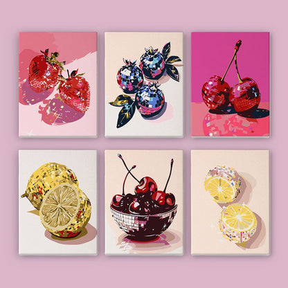 6 Mini Paintings – Disco Fruits Pop Art Set (5.9” x 7.9” / 15 x 20 cm)