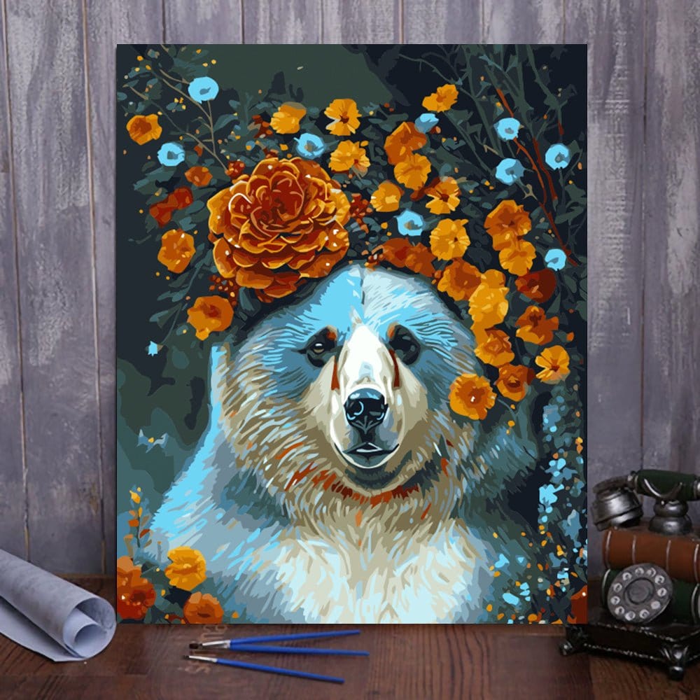 ArtVibe™ DIY Painting By Numbers - Bear in flowers (16x20" / 40x50cm) - ArtVibe Paint by Numbers