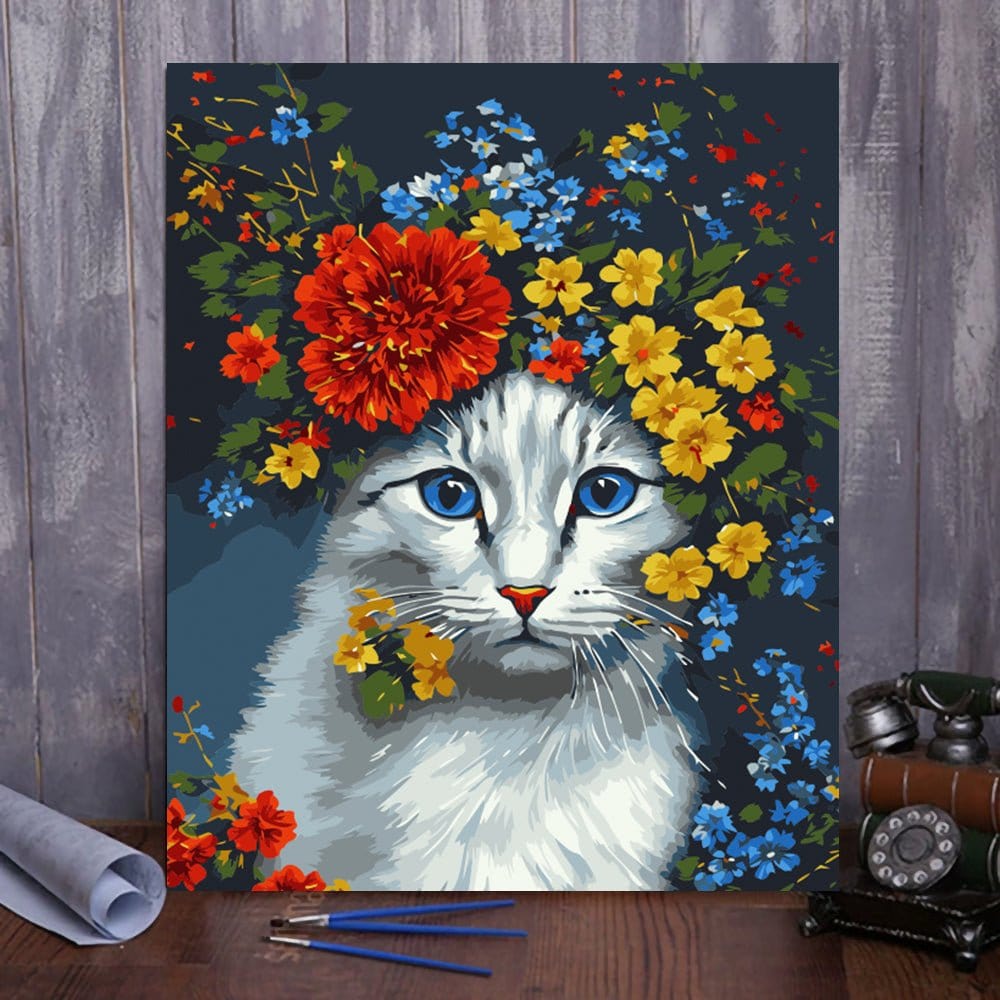 ArtVibe™ DIY Painting By Numbers - Cat in flowers (16x20" / 40x50cm) - ArtVibe Paint by Numbers