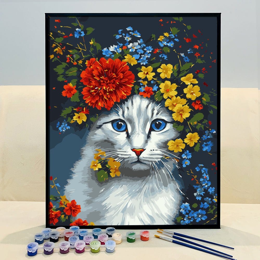 ArtVibe™ DIY Painting By Numbers - Cat in flowers (16x20" / 40x50cm) - ArtVibe Paint by Numbers