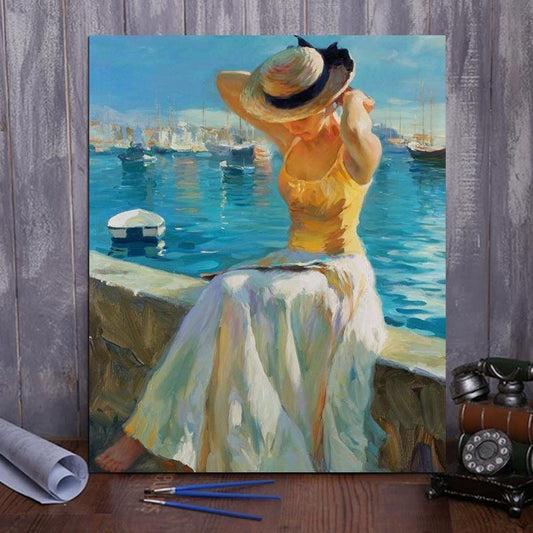 ArtVibe™ DIY Painting By Numbers -Girl sitting by the sea (16"x20" / 40x50cm) - ArtVibe Paint by Numbers