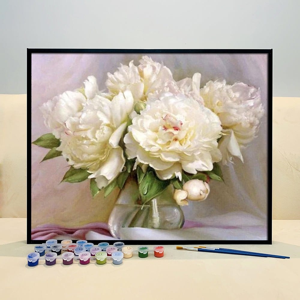 Bring Elegance and Serenity to Your Home with ArtVibe™ DIY Painting By Numbers - White Peonies (16x20" / 40x50cm), an Artistic and Relaxing Journey - ArtVibe Paint by Numbers