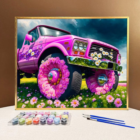 Drive into Adventure and Relaxation with ArtVibe™ DIY Painting By Numbers (EXCLUSIVE) - Wildflower Rampage: Pink Ford F-150 Edition (16"x20"/40x50cm) - ArtVibe Paint by Numbers