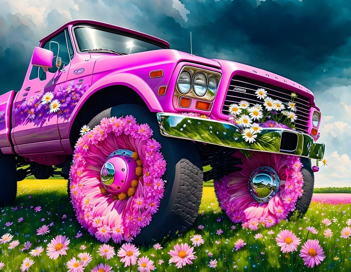 Drive into Adventure and Relaxation with ArtVibe™ DIY Painting By Numbers (EXCLUSIVE) - Wildflower Rampage: Pink Ford F-150 Edition (16"x20"/40x50cm) - ArtVibe Paint by Numbers