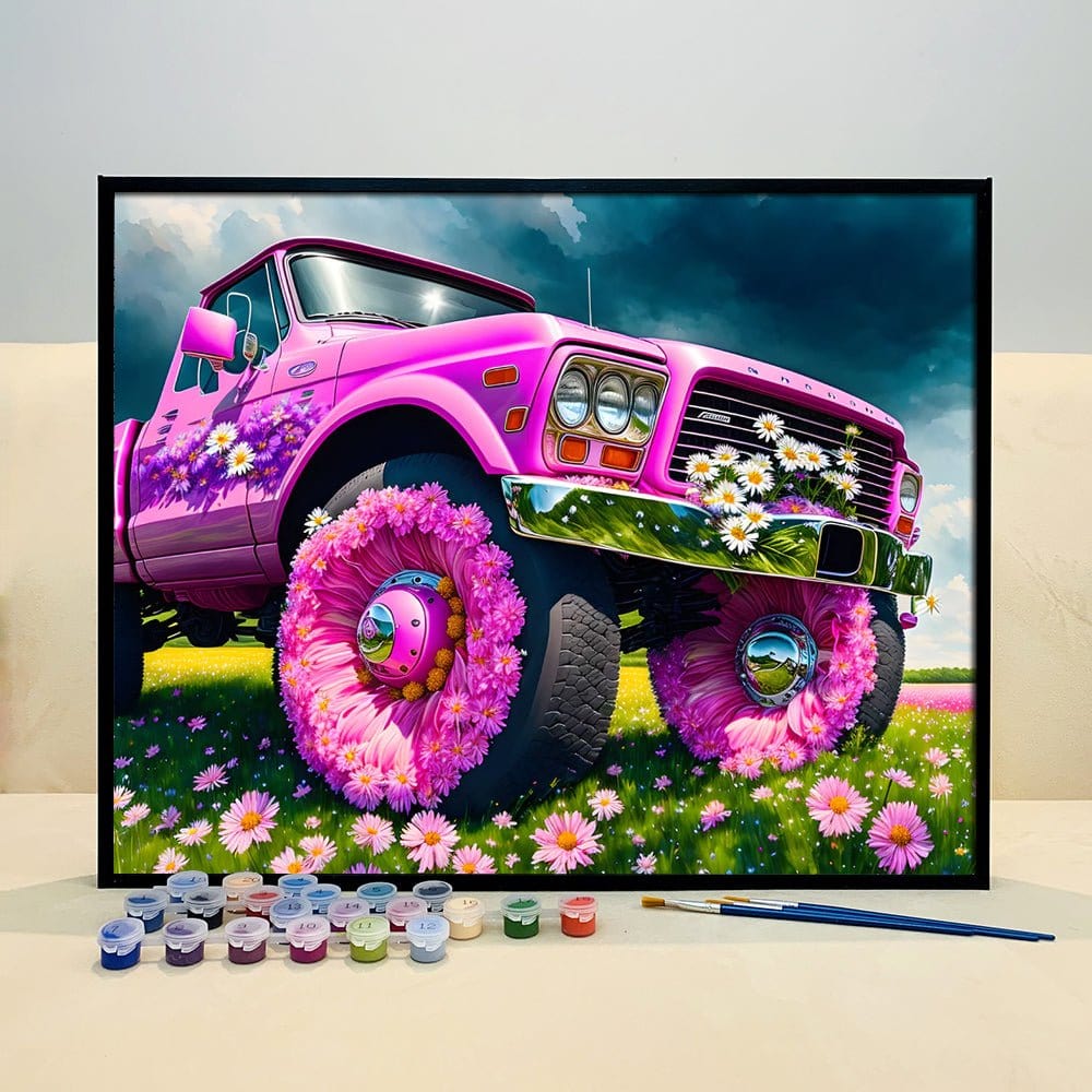 Drive into Adventure and Relaxation with ArtVibe™ DIY Painting By Numbers (EXCLUSIVE) - Wildflower Rampage: Pink Ford F-150 Edition (16"x20"/40x50cm) - ArtVibe Paint by Numbers