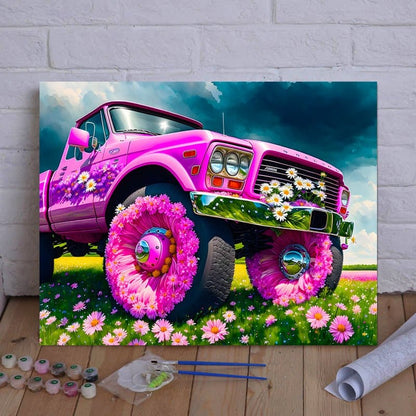 Drive into Adventure and Relaxation with ArtVibe™ DIY Painting By Numbers (EXCLUSIVE) - Wildflower Rampage: Pink Ford F-150 Edition (16"x20"/40x50cm) - ArtVibe Paint by Numbers